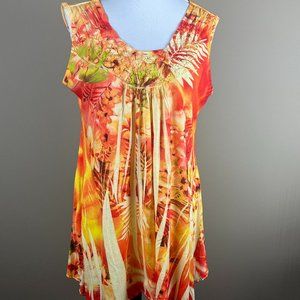 Dressbarn Sleeveless Blouse Size M Orange Yellow, Tropical Floral Pattern